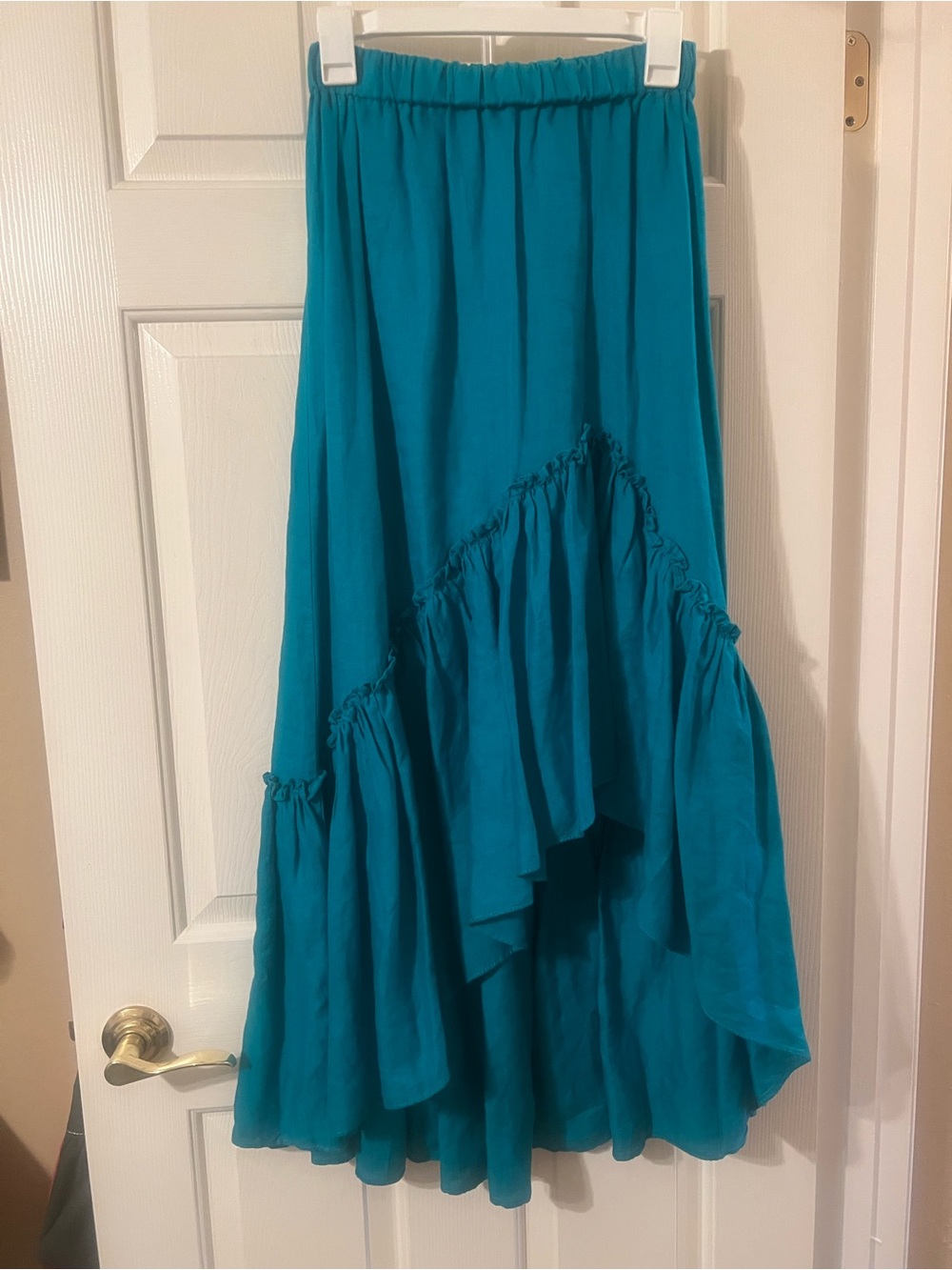 Like New Trina Turk Out of Office Turquoise High Low Ruffle Linen Maxi Skirt XS